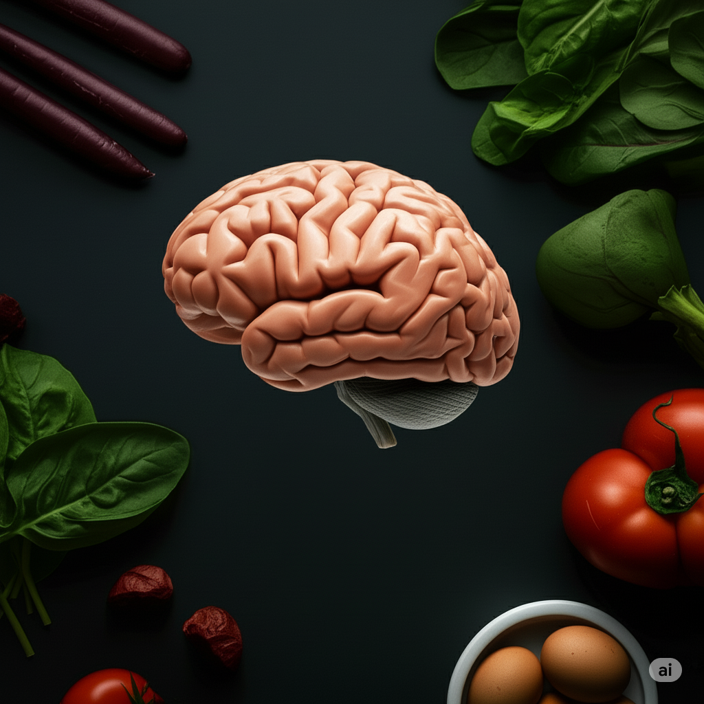 Healthy foods for mental health including salmon, nuts, and leafy greens.